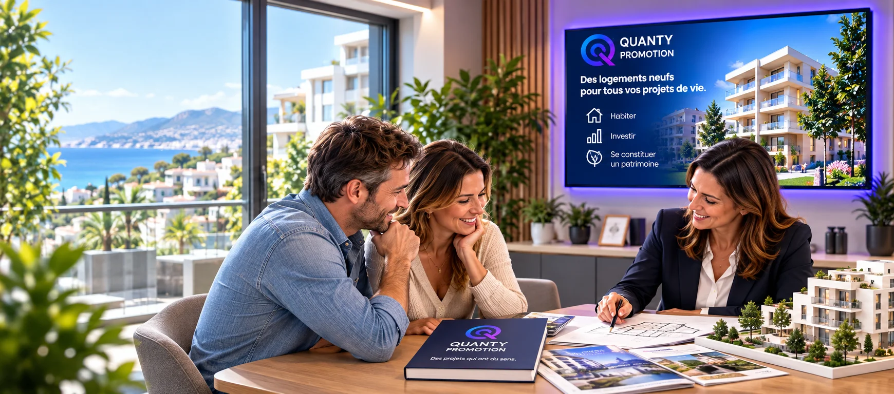 Un couple échange avec une conseillère Quanty Promotion autour d'une maquette immobilière, devant un écran présentant un programme neuf